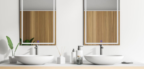 Two yandiya 250 watt far-infrared mirrors installed on a bathroom wall with two bathroom sinks in front of them